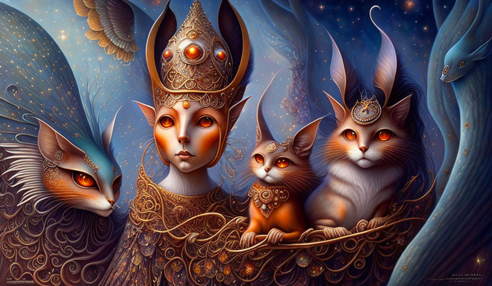 Fantasy illustration of regal humanoid cats in ornate attire with cosmic and natural motifs