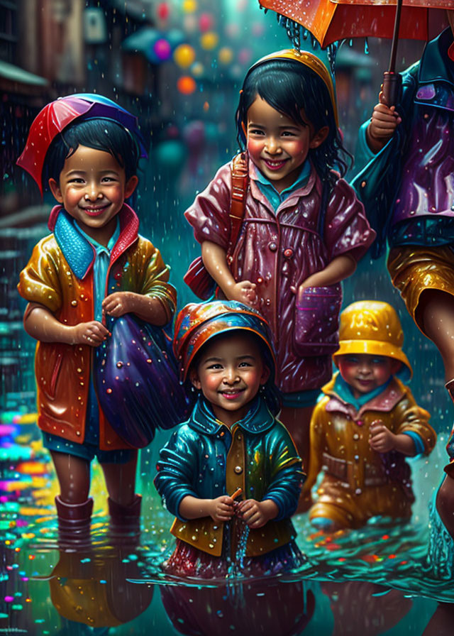 Colorful Children Playing in Rain on City Street with Umbrellas