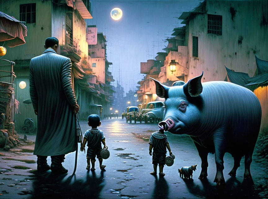 Surreal night alley scene with pig, children, and vintage cars