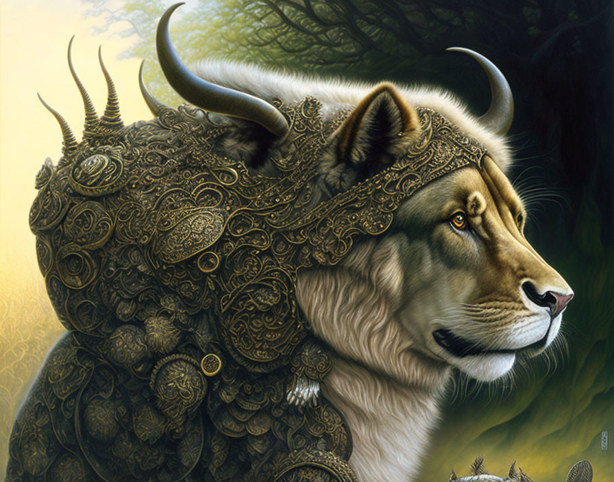 Majestic lion with ornate metallic headdress and armor in golden forest.