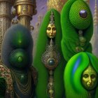 Intricate green hairstyles and golden accessories on stylized figures