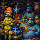 Fantasy green-skinned characters in regal attire among lush foliage