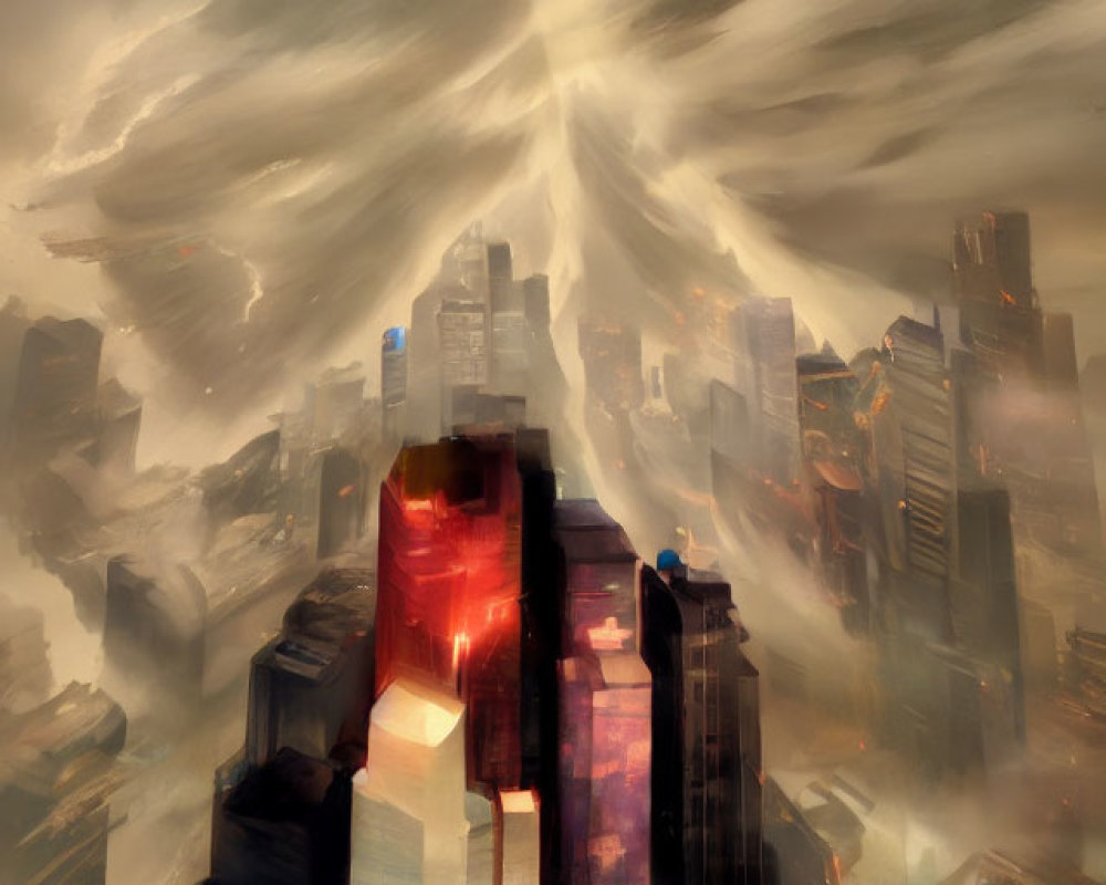 Dramatic cityscape with towering skyscrapers in fiery haze