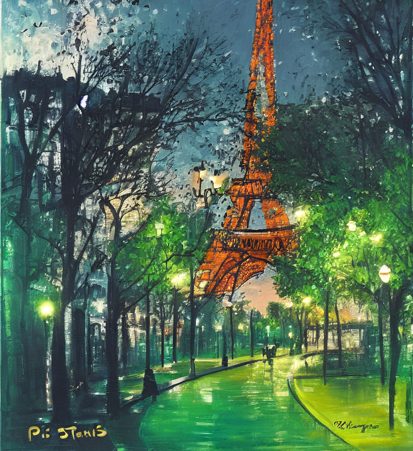 Impressionistic painting of Eiffel Tower at dusk with green trees & street lamps