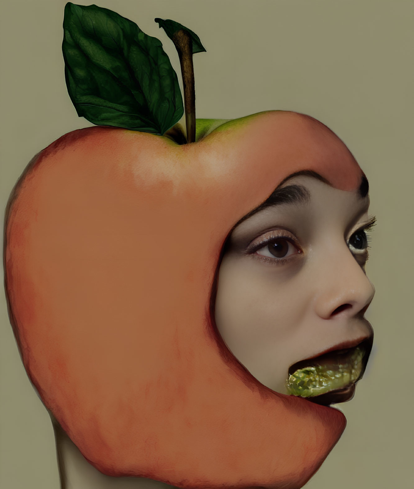 Surreal image: person's face merges with apple skin and leaf