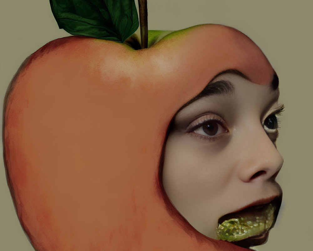 Surreal image: person's face merges with apple skin and leaf