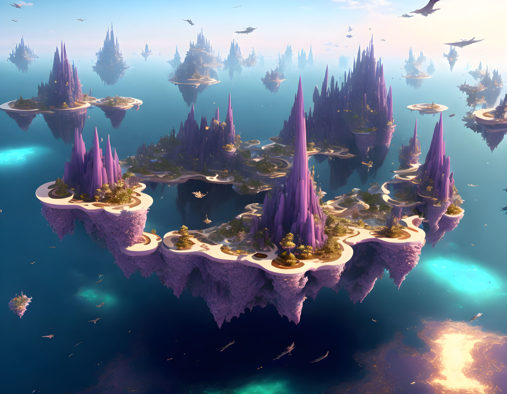 Fantasy landscape with floating islands and purple crystals