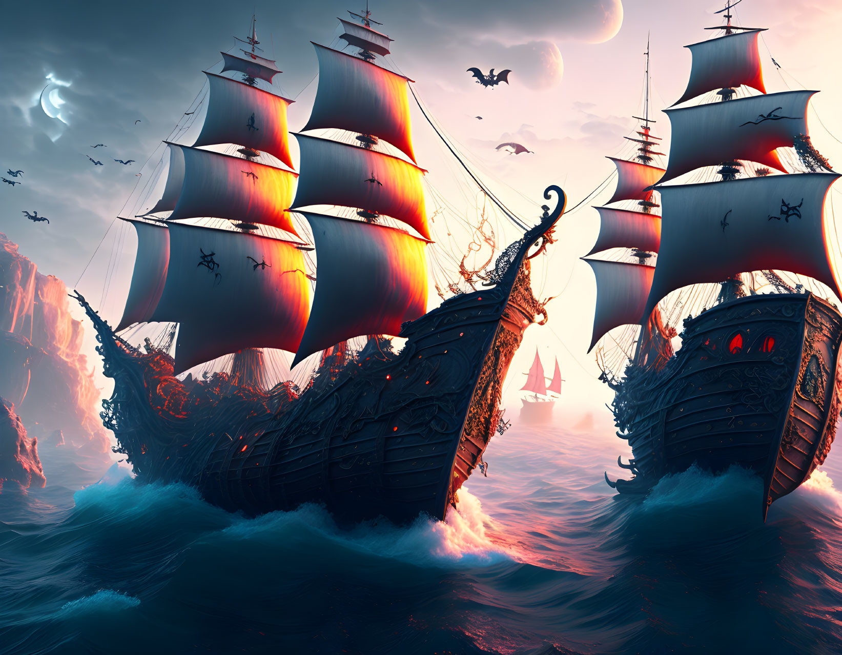 Three majestic sailing ships with elaborate figureheads navigating choppy ocean at sunset.