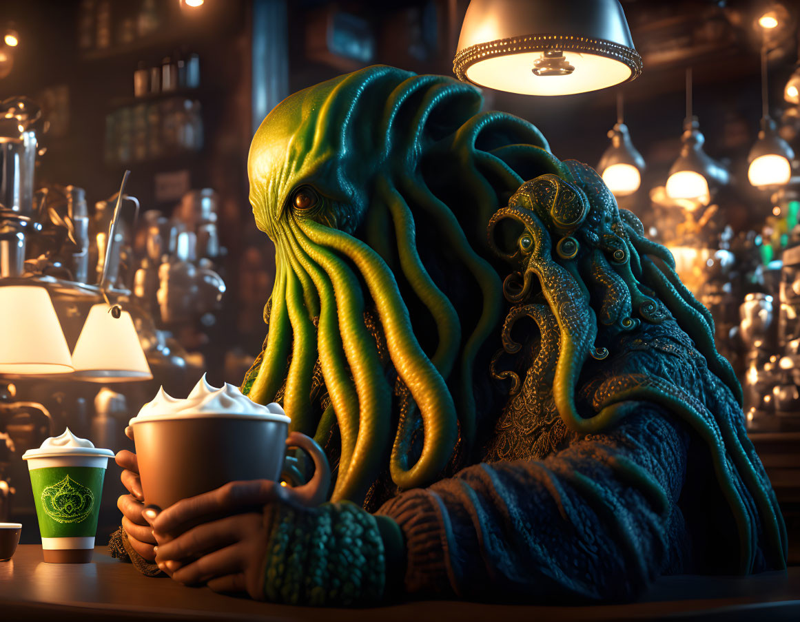 Octopus-like creature with coffee cup in cozy bar setting.