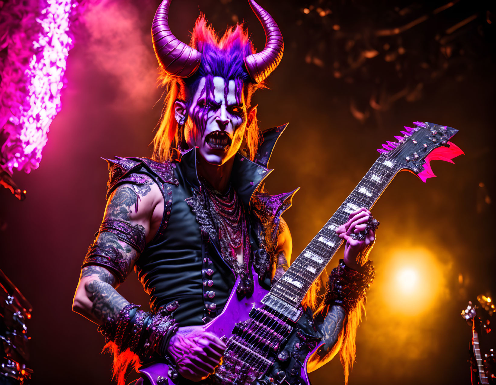 Elaborate demonic makeup person plays electric guitar on stage