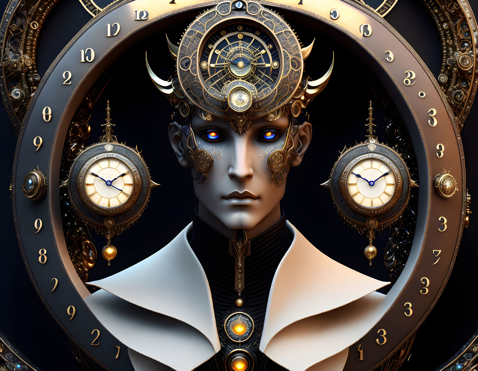 Steampunk digital art: humanoid figure with clockwork elements & ornate gears on dark background