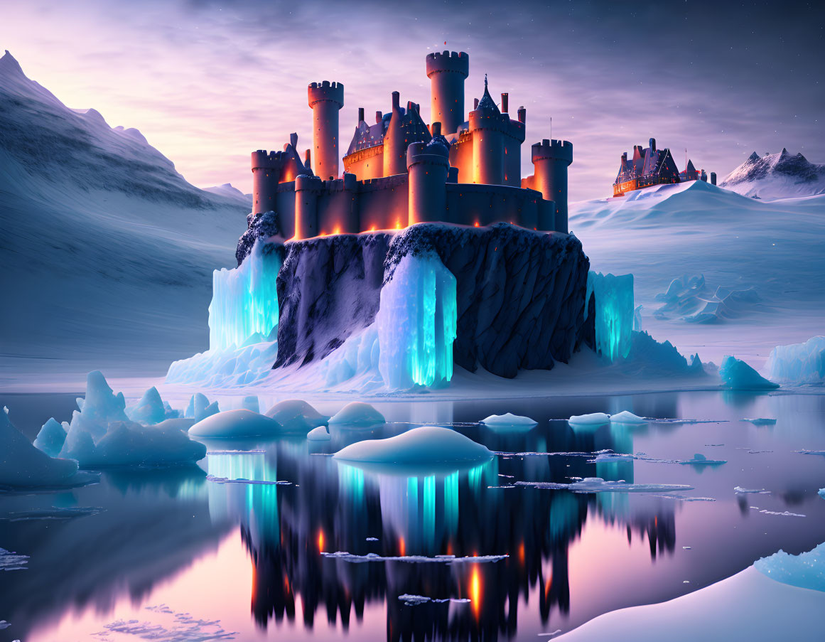 Illuminated castle on icy cliff at twilight