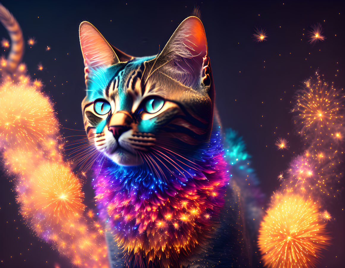 Colorful cat artwork with shimmering fur coat and glittering fireworks