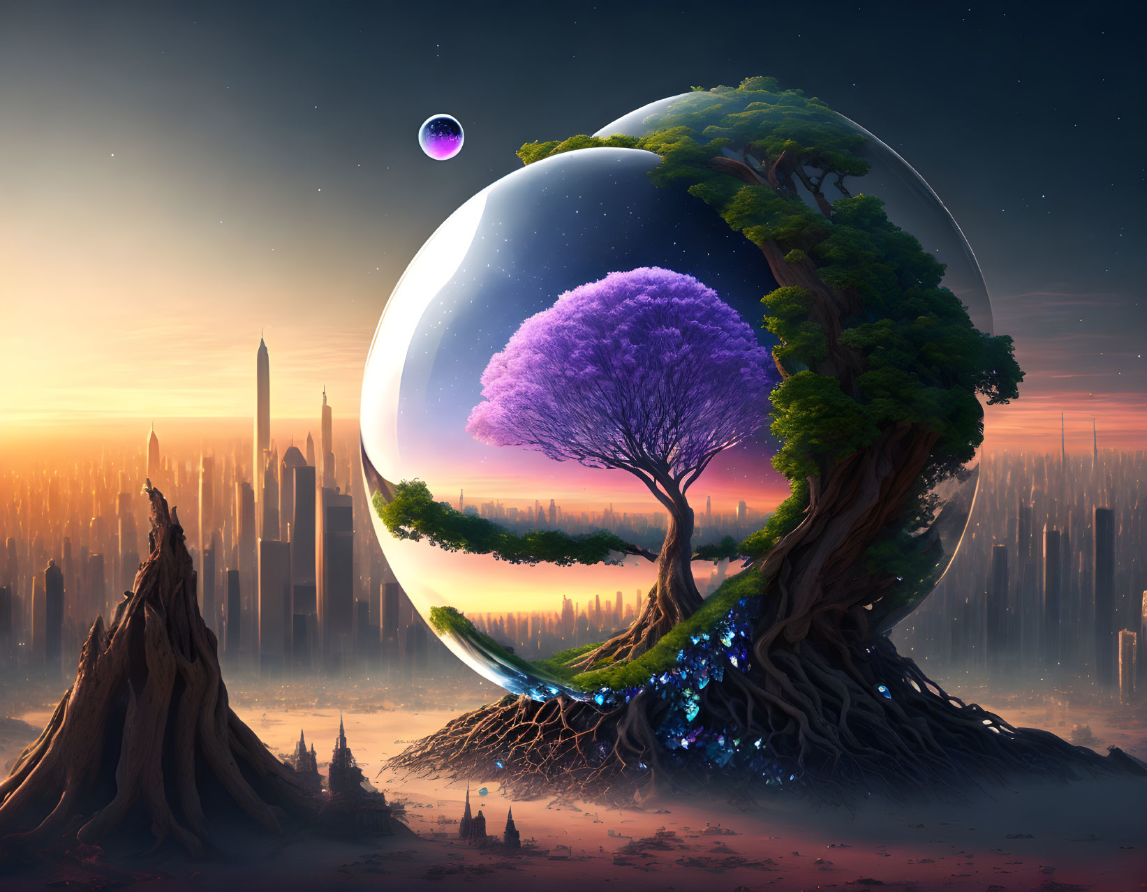 Surreal landscape with large spherical tree entity and towering spires