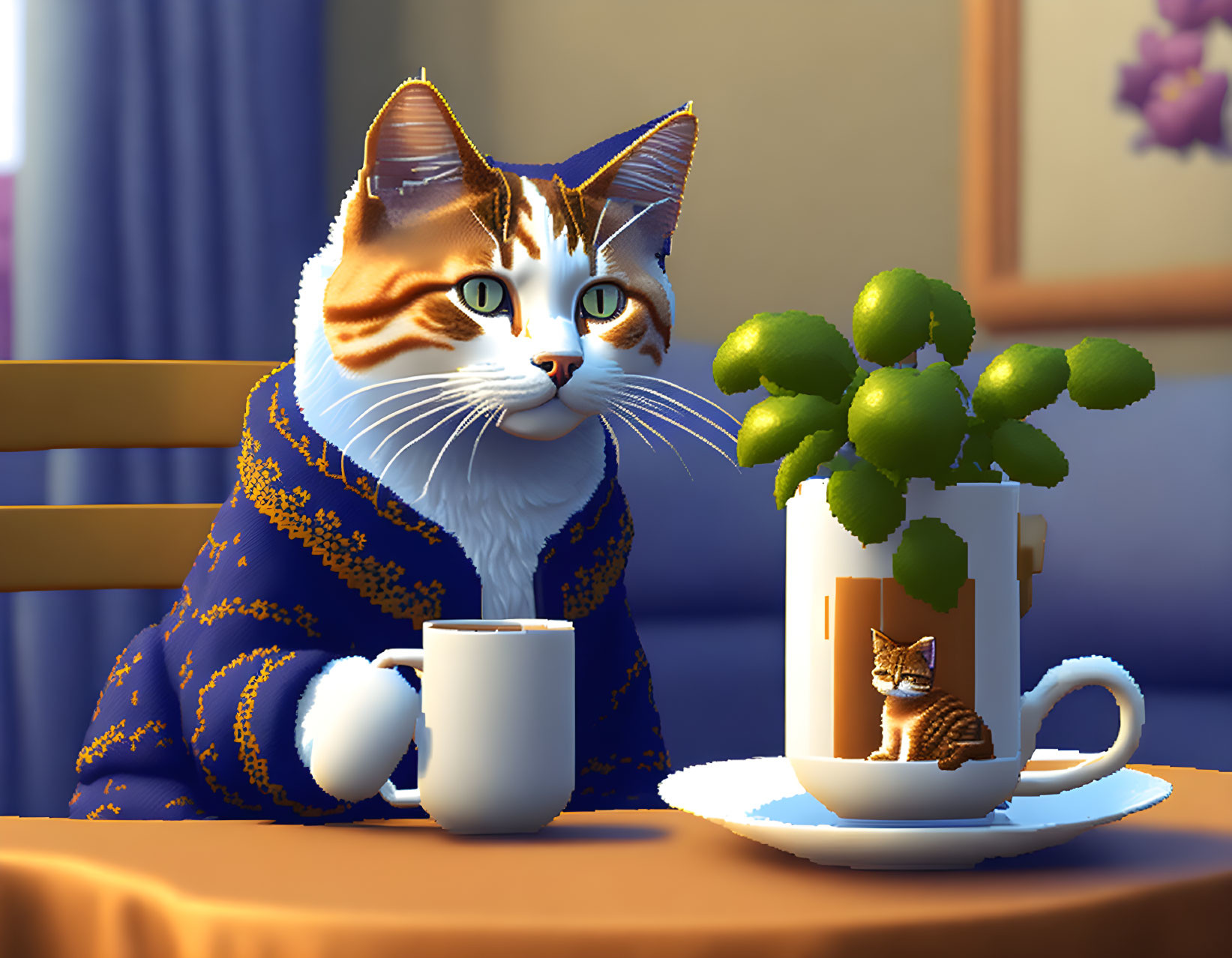 Digital artwork featuring a cat in a blue jacket at a table with coffee mug, cat-themed cup,