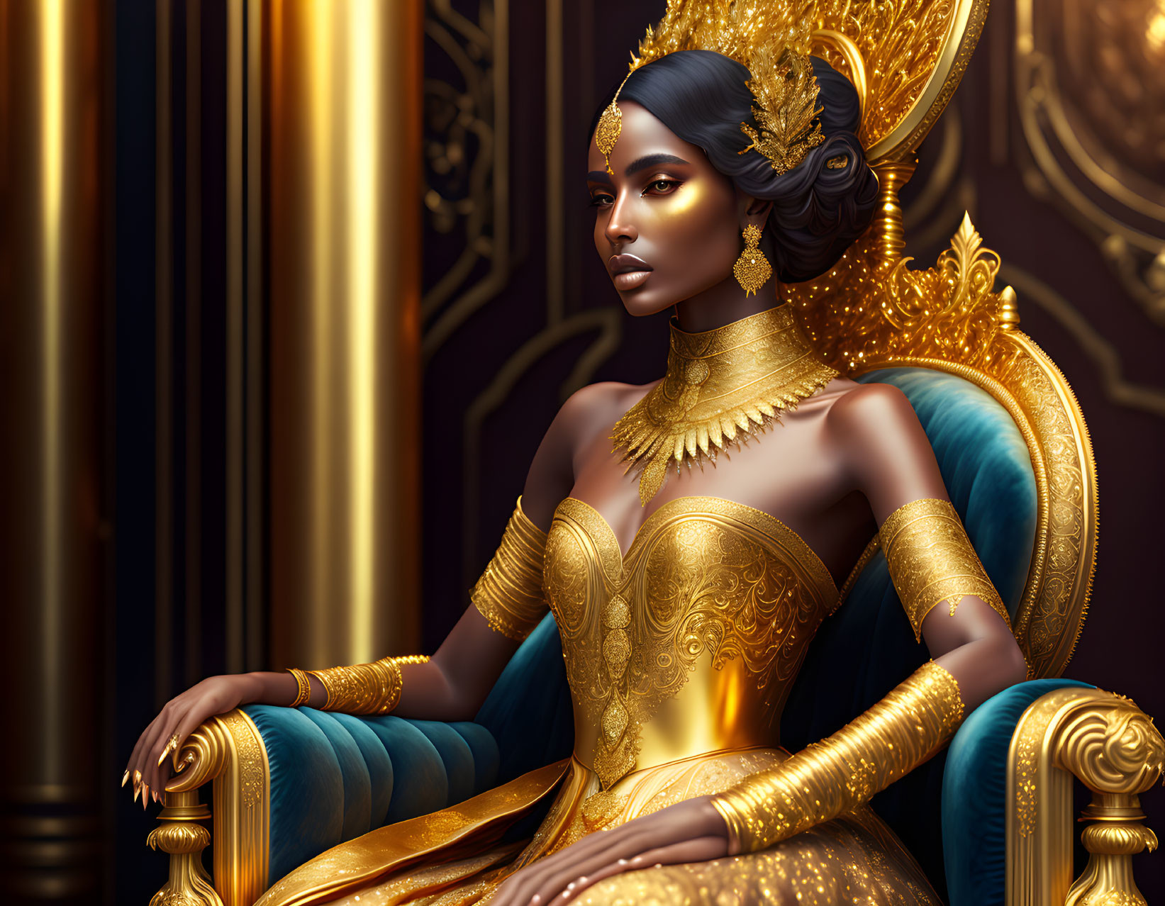 Regal queen in gold attire on blue throne