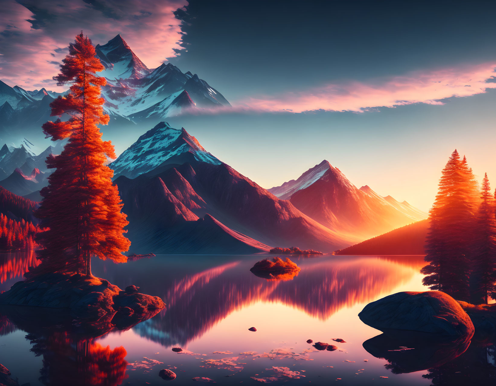 Snow-capped mountains reflected in serene lake at sunset