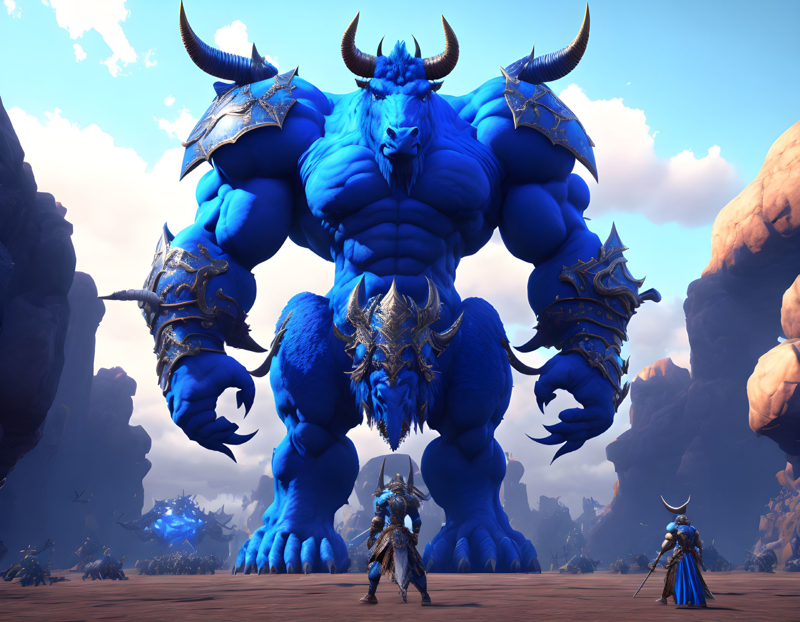 Gigantic blue horned creature confronts armored knights on alien terrain