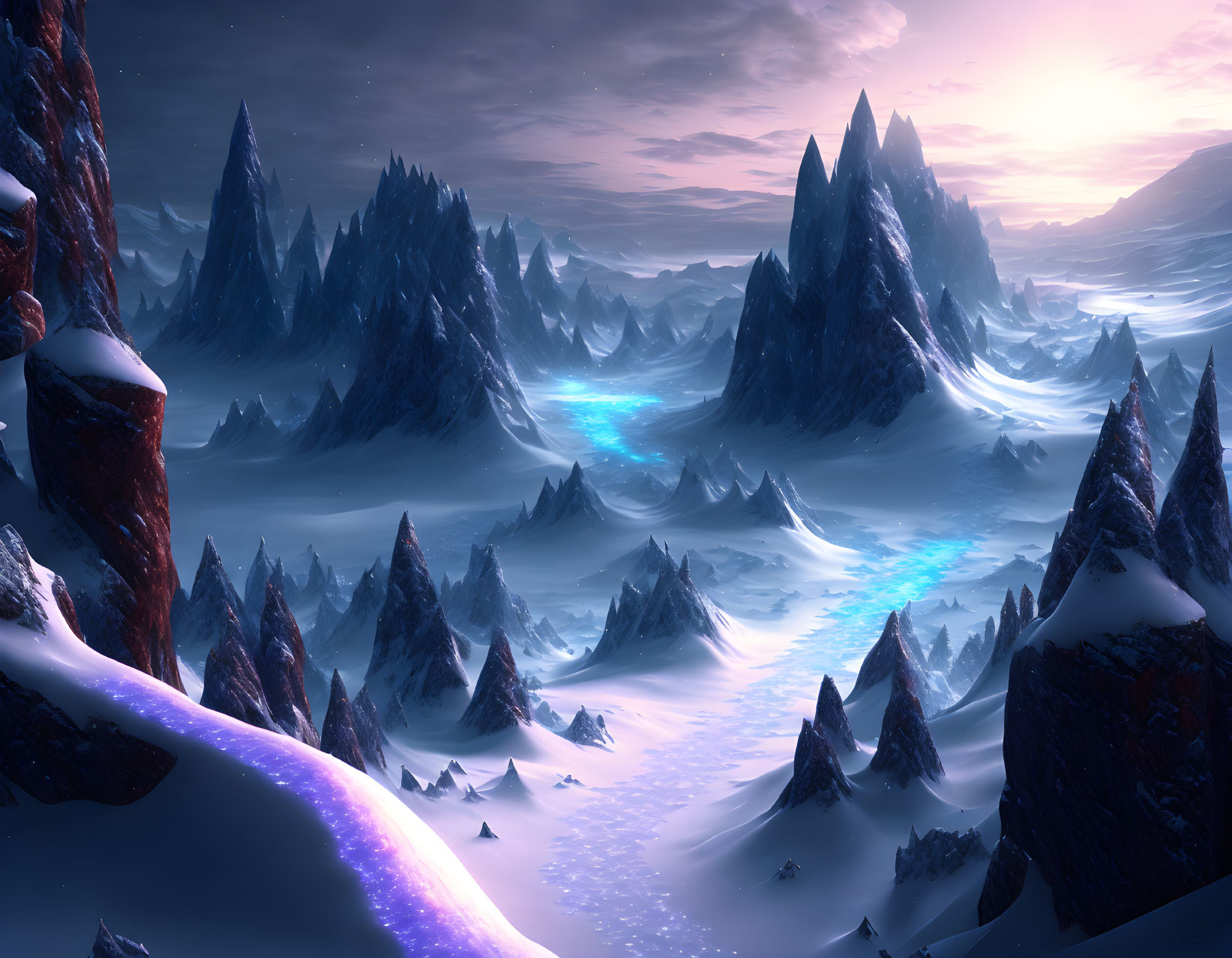 Fantasy landscape: Glowing rivers, snow-covered mountains at twilight