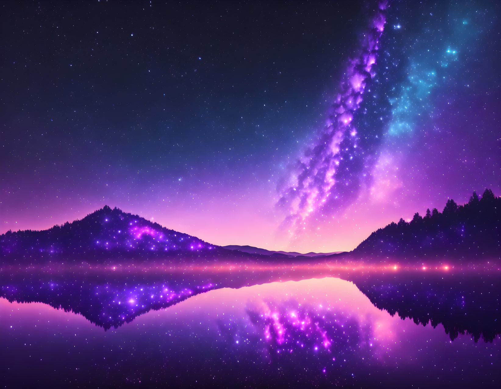 Tranquil Lake Reflecting Purple and Blue Starry Night Sky