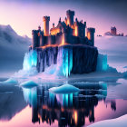 Illuminated castle on icy cliff at twilight