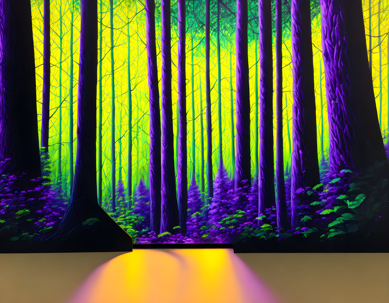 Surreal forest with purple and green hues under warm spotlight