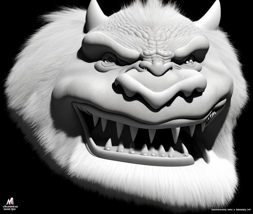 Monochrome 3D rendering of fierce, snarling creature with fangs & menacing scowl