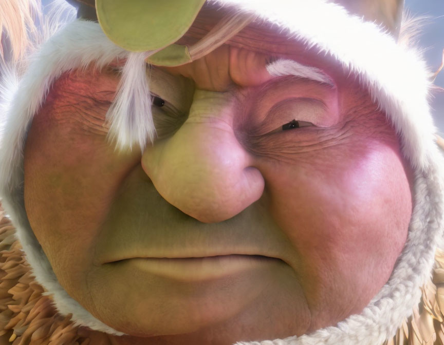 Detailed 3D animated elderly character with furrowed brow and unique attire.