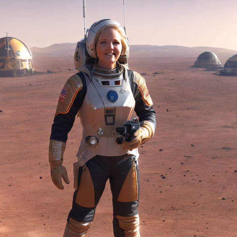 Smiling astronaut on Mars-like surface with habitat domes