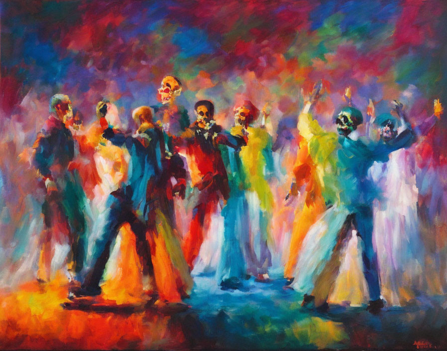 Colorful Impressionistic Painting of Dancing Skeletons in Formal Attire