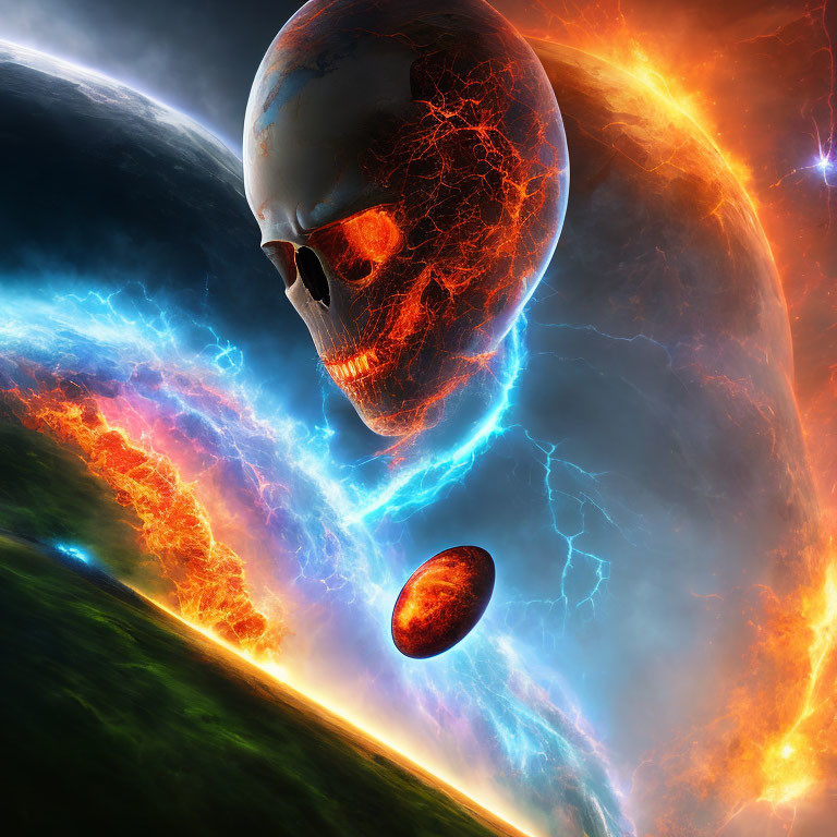 Translucent skull overlay on fiery cosmic scene