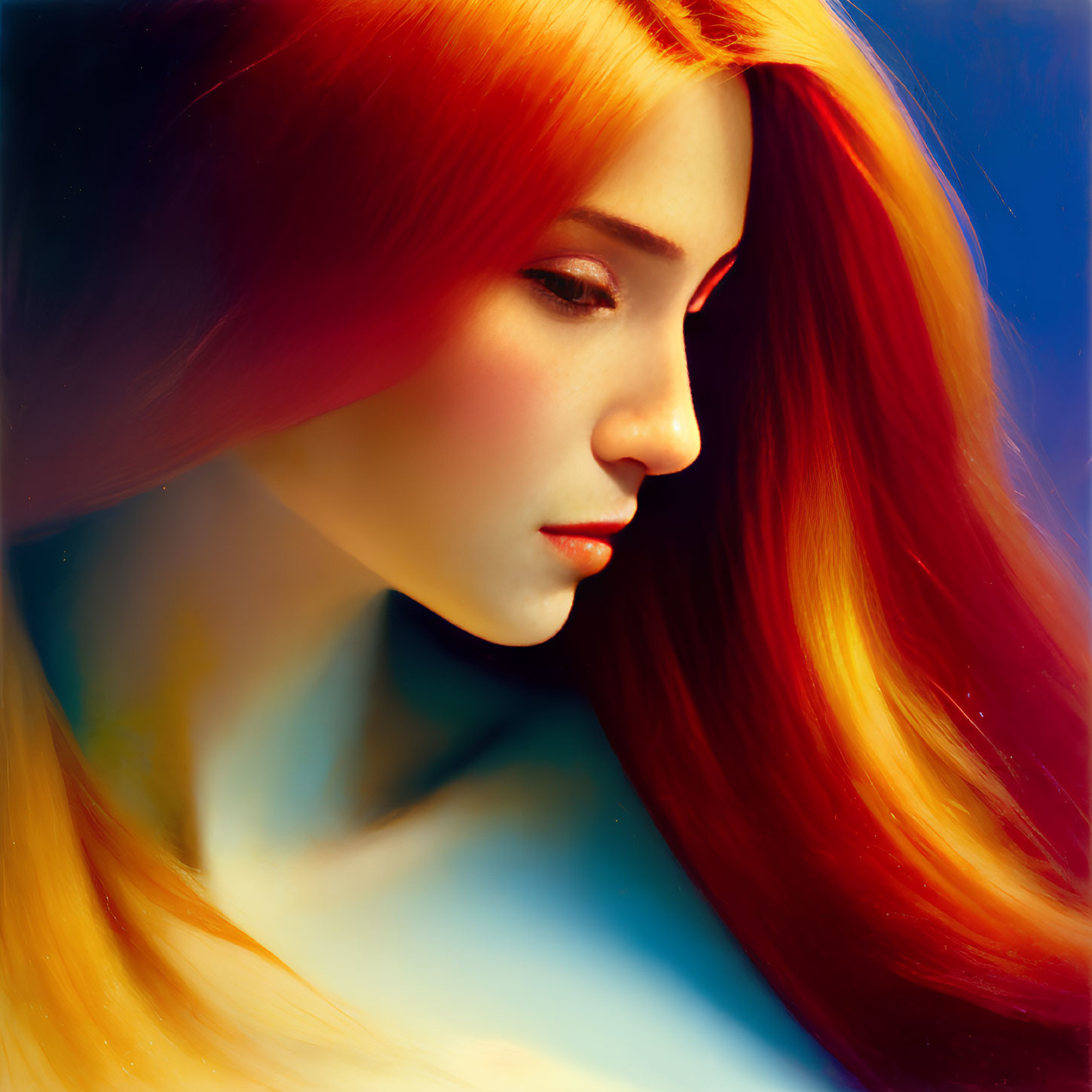 Portrait of Woman with Flowing Red Hair in Warm Colors