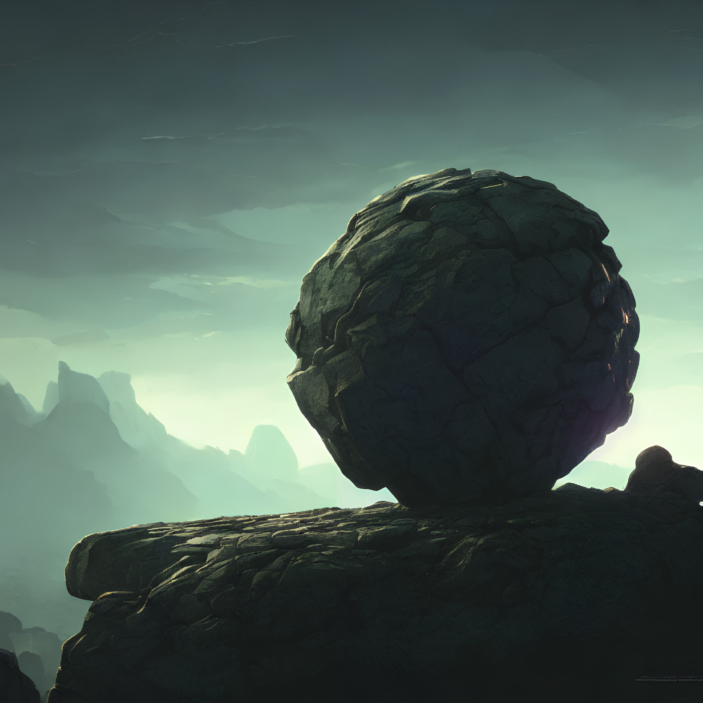 Cracked spherical rock on mountain ridge under greenish sky