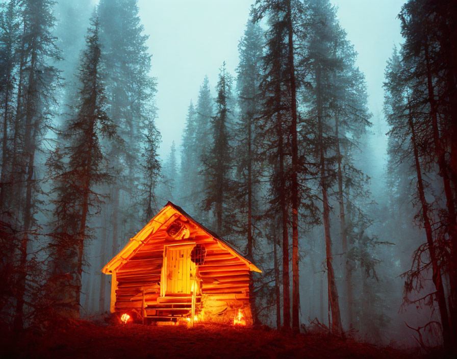 Cozy wooden cabin nestled among misty evergreen trees