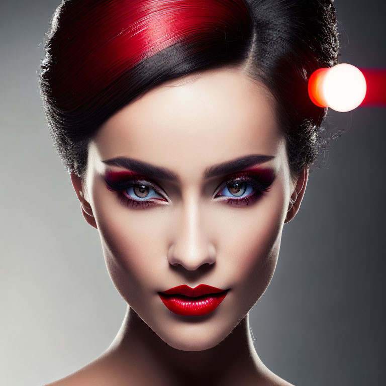 Portrait of Woman with Red Hair, Red Lips, and Purple Eyeshadow on Grey Background