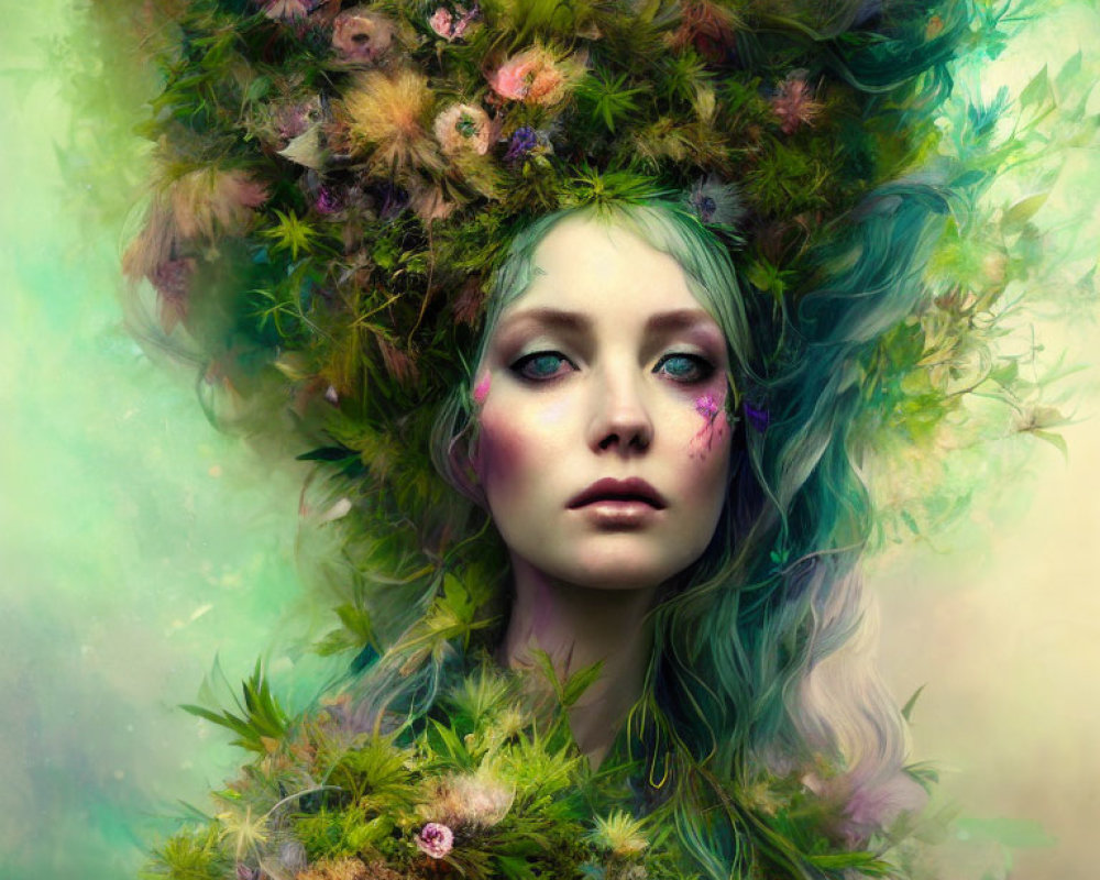 Woman with Ethereal Makeup and Floral Hair in Nature-Inspired Portrait