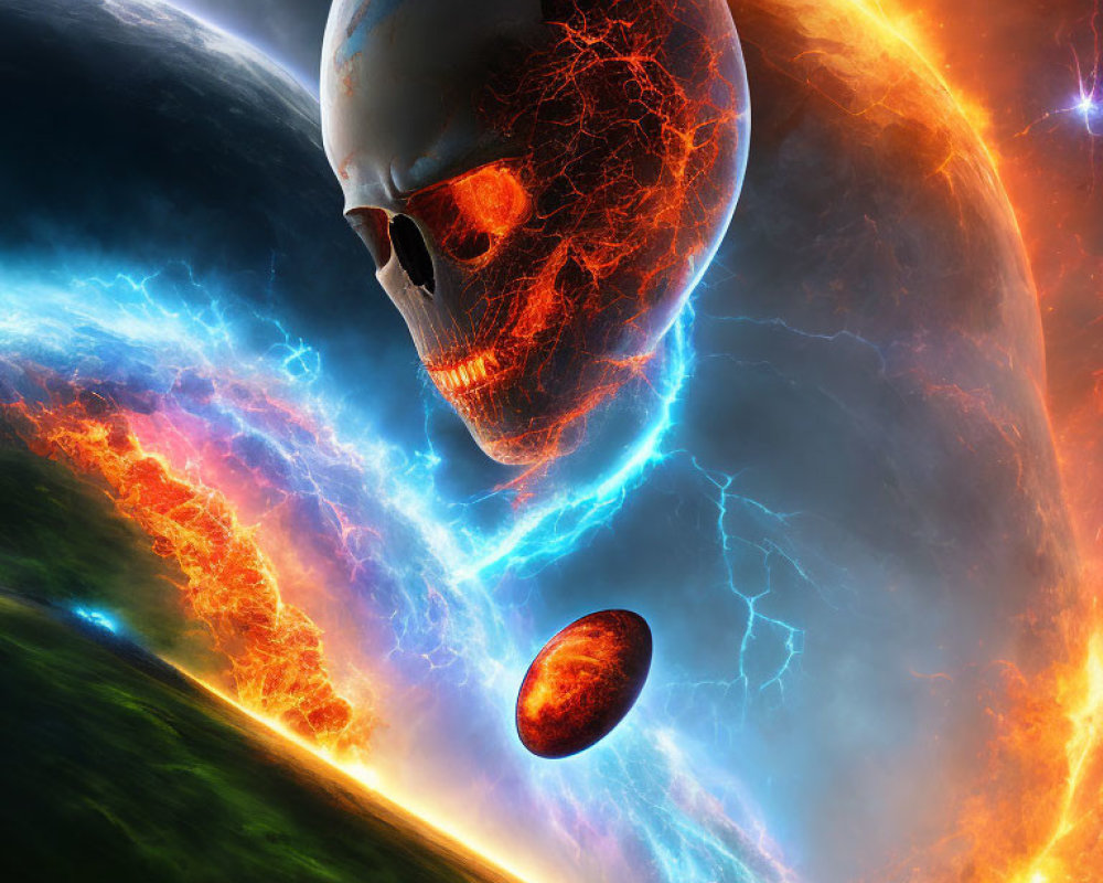 Translucent skull overlay on fiery cosmic scene