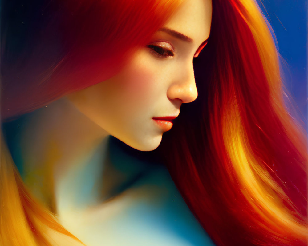 Portrait of Woman with Flowing Red Hair in Warm Colors