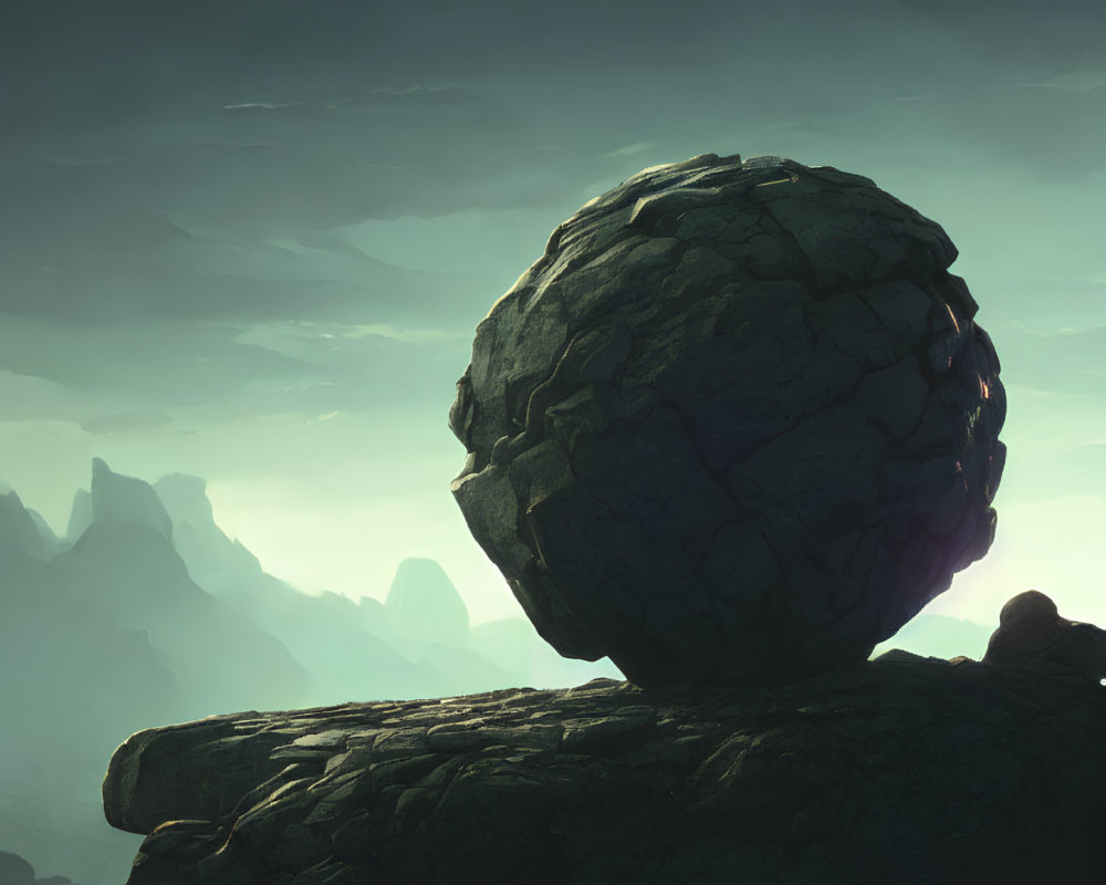 Cracked spherical rock on mountain ridge under greenish sky