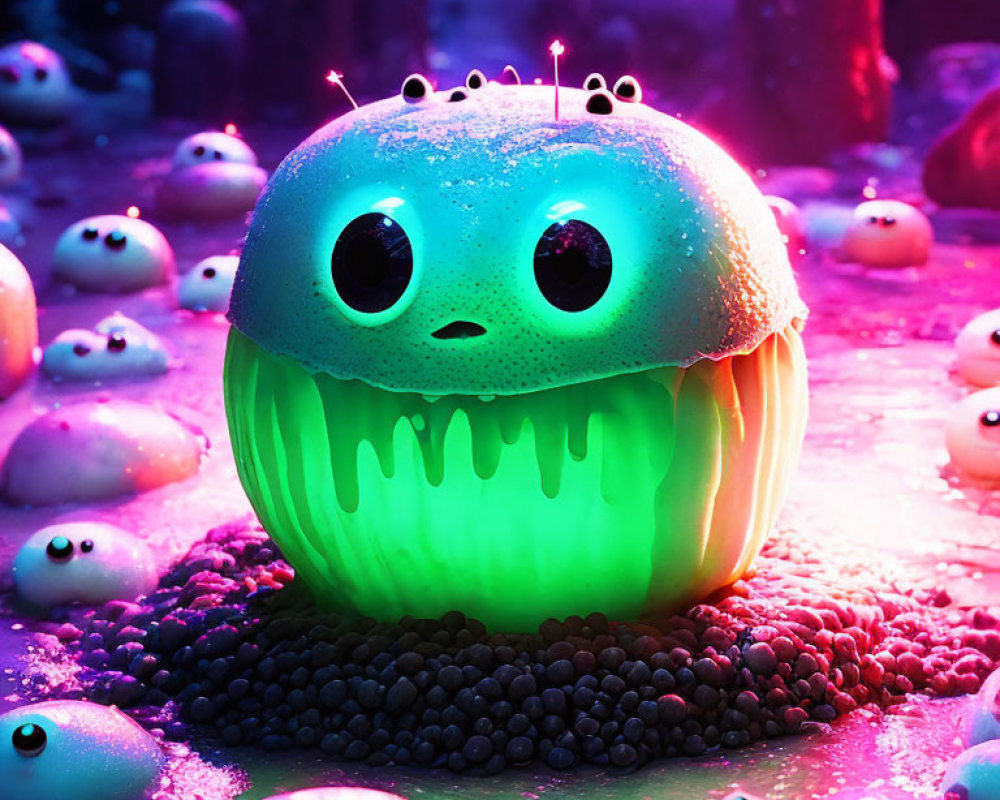 Green Glowing Creature with Big Eyes Surrounded by Small Eyeballs under Neon Lights