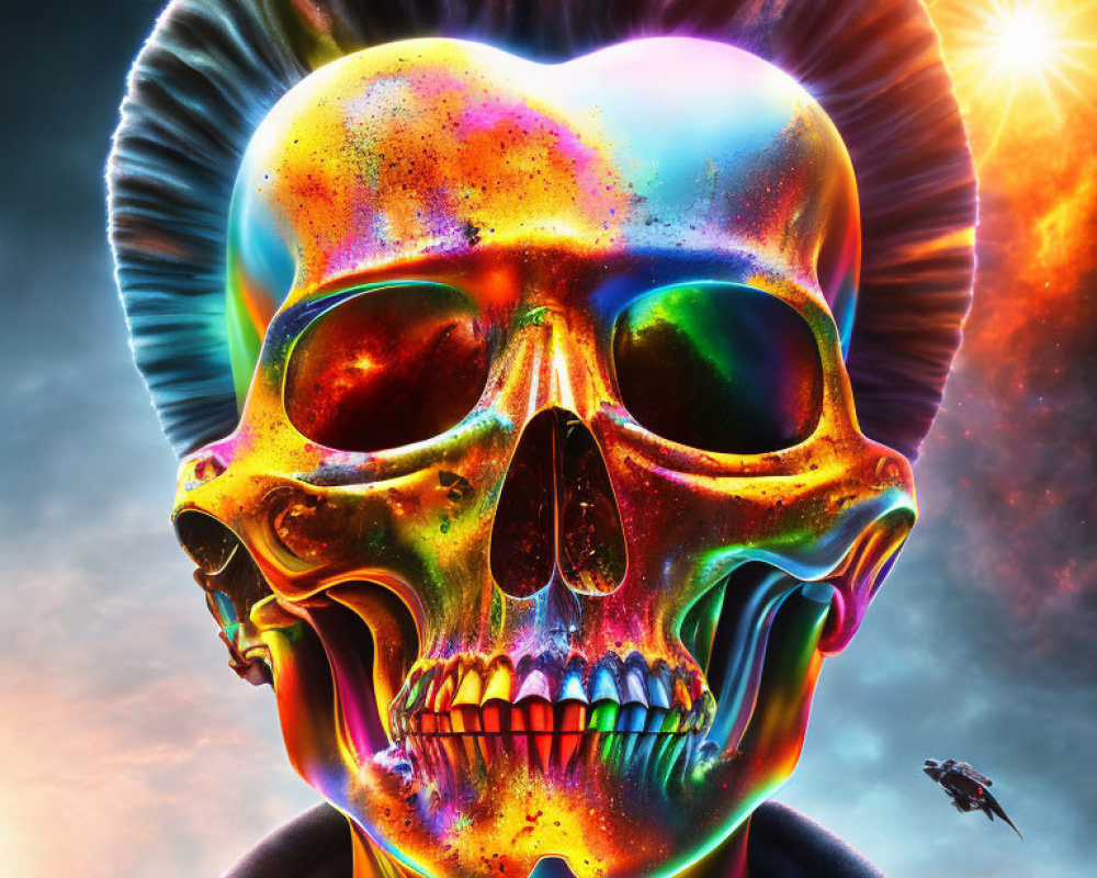 Colorful Skull with Cosmic Rainbow Background and Light Halo