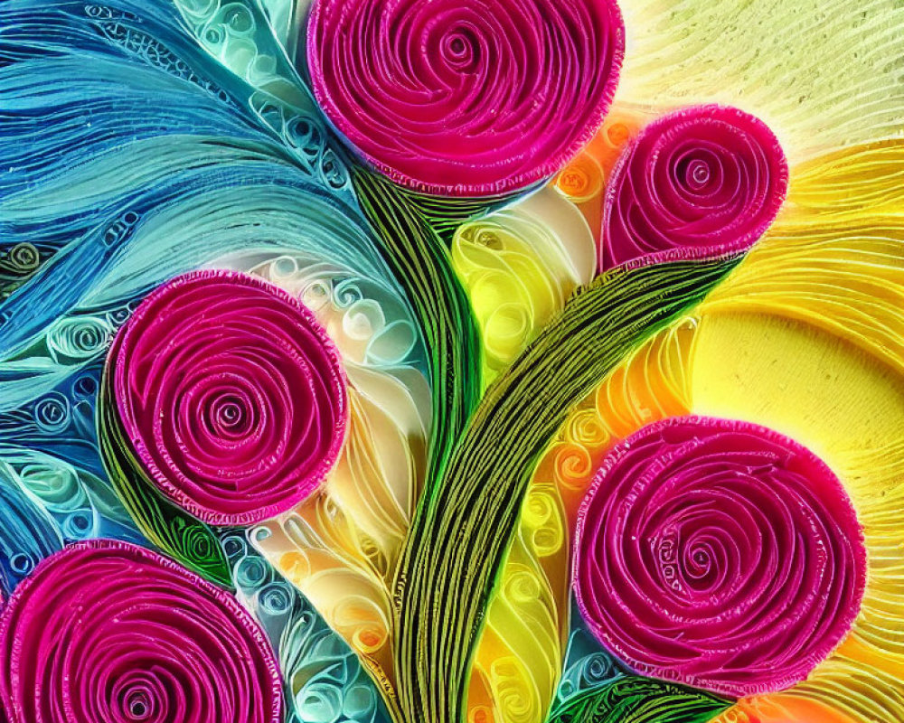 Vibrant paper quilling art of flowers and leaves with swirl patterns