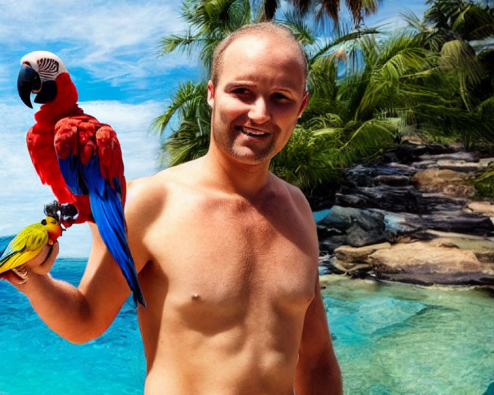 Man with two colorful parrots by clear blue water