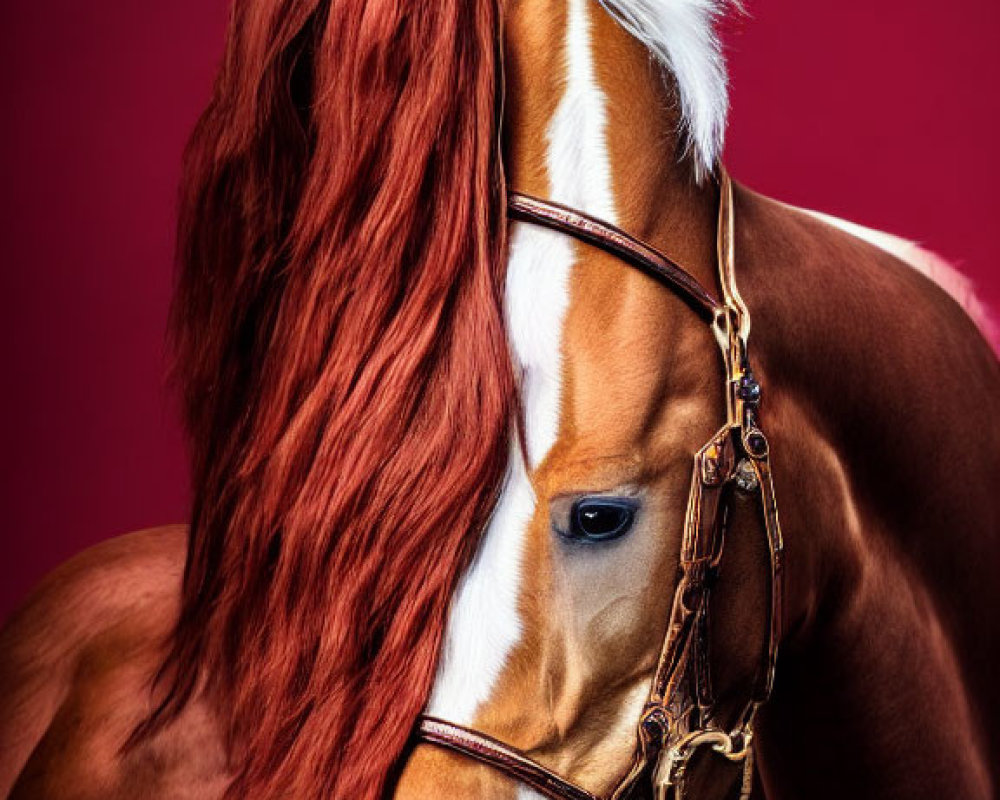 Chestnut Horse with Flowing Mane on Red Background