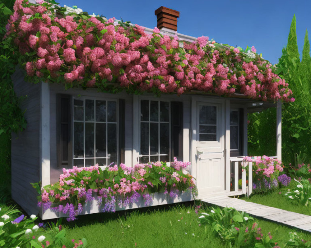 White Cottage with Pink Flower-Covered Roof in Lush Greenery