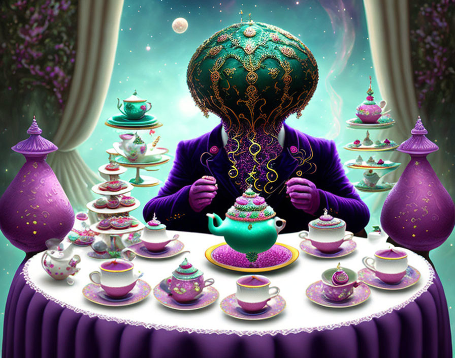 Ornate figure pouring tea in surreal scene with whimsical cakes