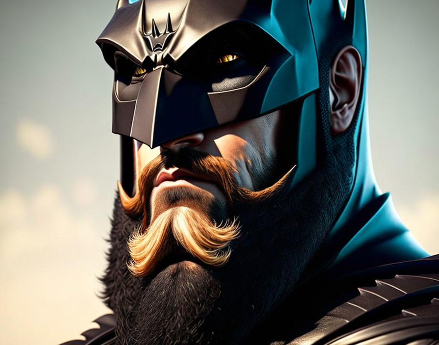 Superhero portrait with cowl, pointy ears, and dramatic beard in soft-focus setting