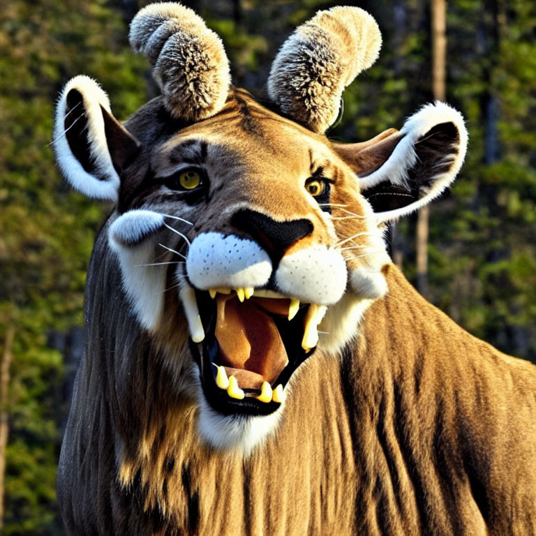 Detailed close-up of comical cougar statue with exaggerated features