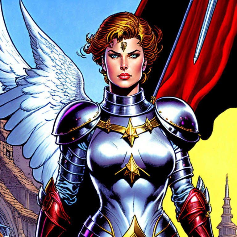 Superhero illustration with metallic armor, white wings, star emblem