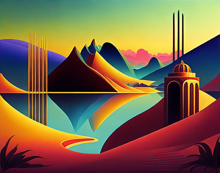 Surreal landscape digital art: mountains, water, futuristic structures, colorful sky